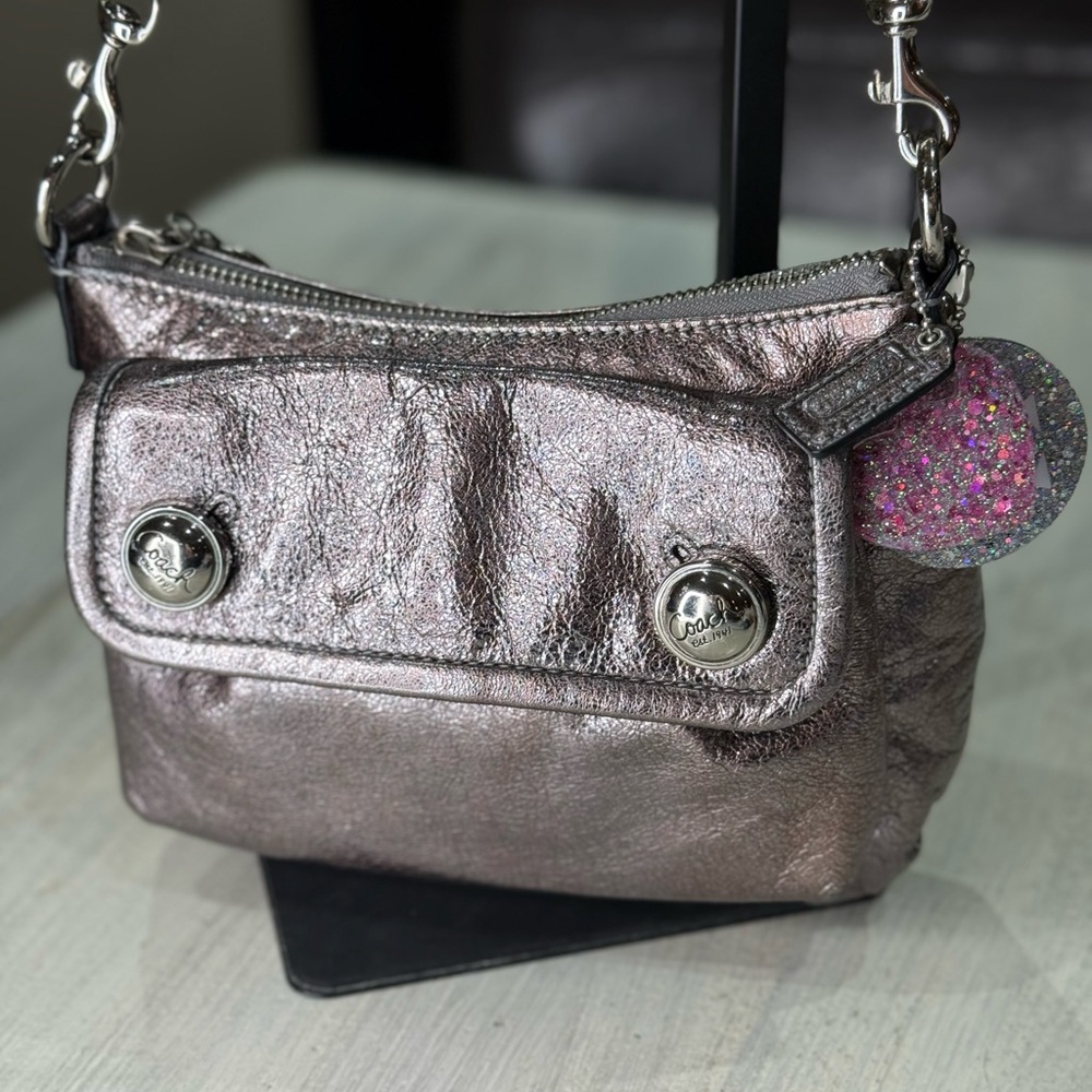 Coach Poppy Pink Metallic Double Button Leather Crossbody